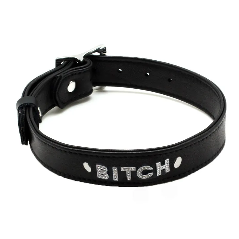 Black Leather Collar w/ Sparkly "BITCH" Text on Front